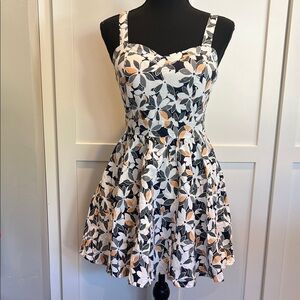 Floral Print Dress with Orange and Navy Accents XS